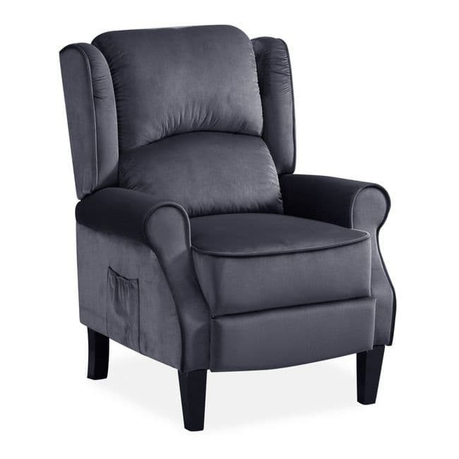 Grey Plush Velvet Recliner Armchair, with wood feet